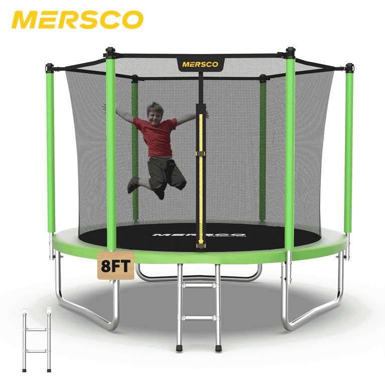 Mersco 8 Ft Trampoline for Children and Adults, Outdoor Trampoline with Safety Net, Ladder, Backyard Trampoline with Vertical Poles for Family Play and Fun, Jumping Trampoline as a Birthday Gift, Green