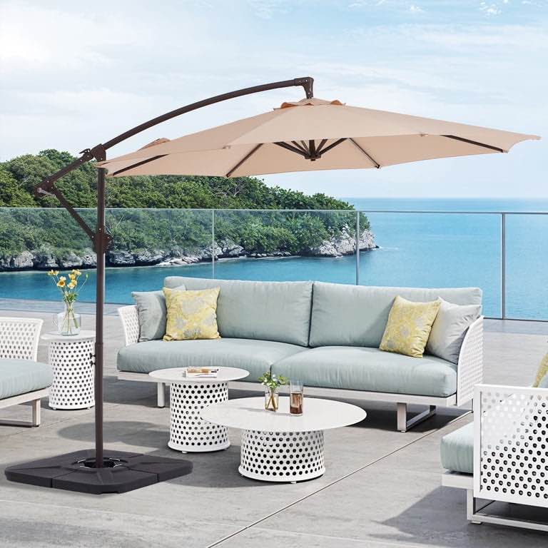 FUNDAZE 10 Ft Patio Umbrella, Displaced Hanging Umbrella Overhanger Type for Outdoors with Inclination for Terrace and Backyard, Base Sold Separately, Beige