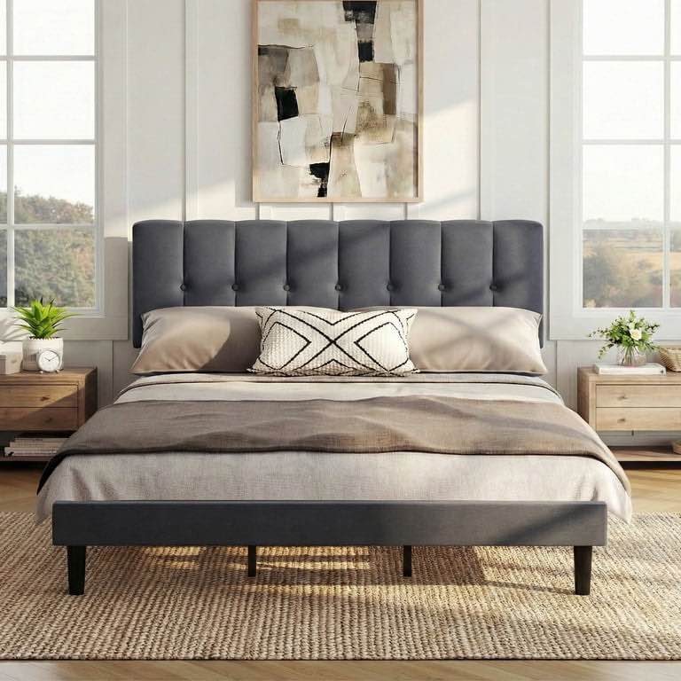 EDX King Size Platform Bed Base, Fully Upholstered Mattress Base with Fabric Upholstered Headboard and Wooden Slat Support, No Box Spring Needed, Gray