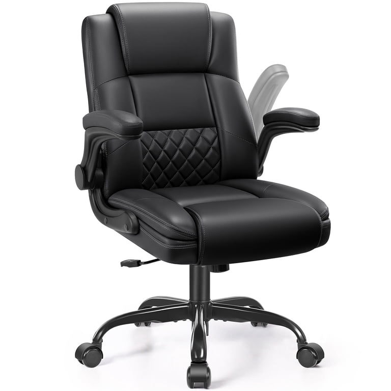 COOLHUT Office Chair, Leather Executive Chair Home Office Desk Chairs, Computer Chair with Adjustable Folding Padded Arms, Swivel Desk Chair with Lumbar Support with Adjustable Height and Inclination, Black