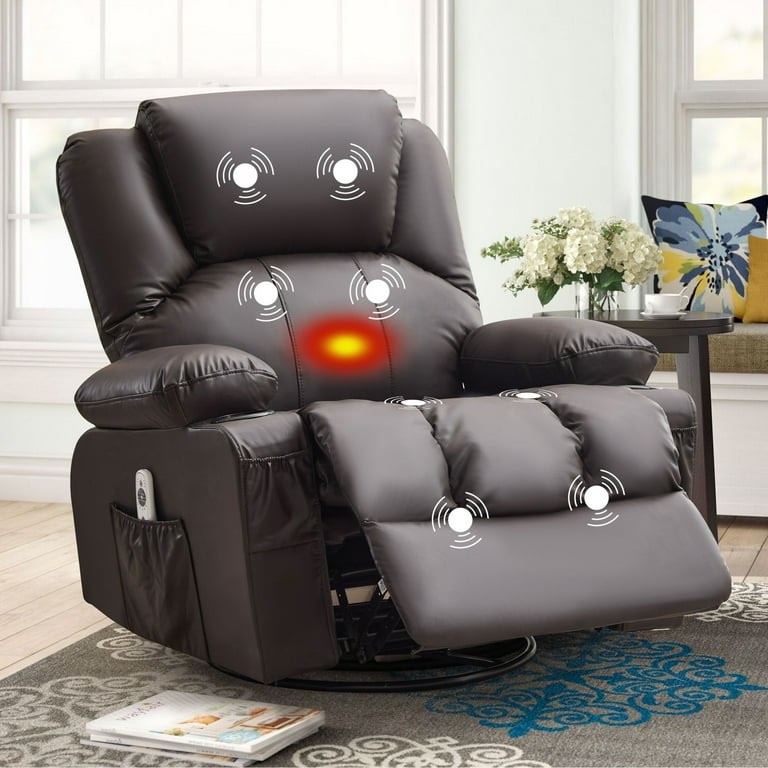 JONPONY Swivel Recliner and Rocking Chair with Massage, Vibration and Heat, Ergonomic Lounge Chair for Living Room with Swing Function and Side Pocket, 2 Cusp Holders, USB Charging Port, Brown