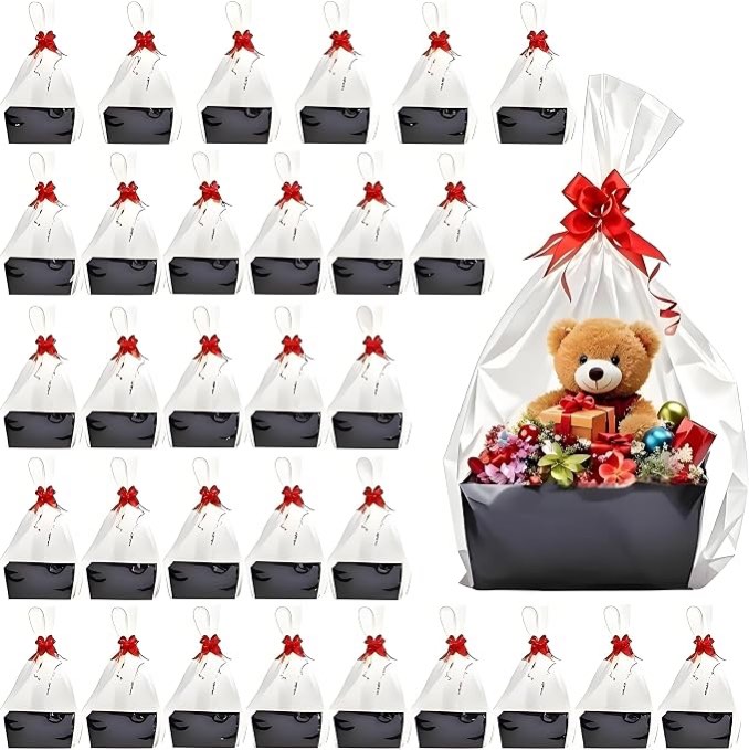32 Pcs Brown Basket for Gifts Empty DIY Bulk Party Gift Basket Kit with Handles with 32 Bag 32 Bow M