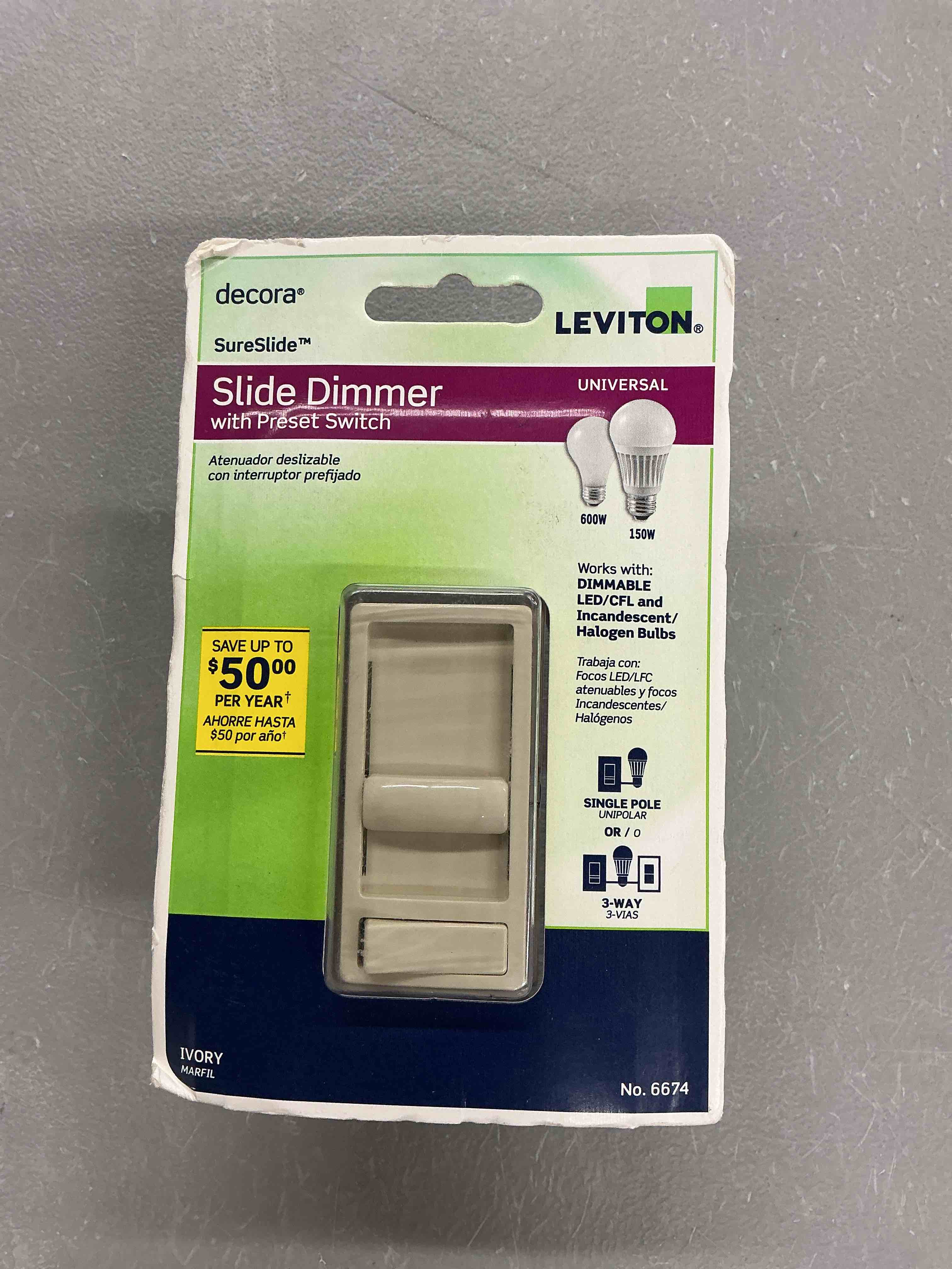 Condition photo showing New/Like New for leviton sureslide dimmer switch for dimmable led, halogen and incandescent bulbs, 6674-p0i, ivory ivory 1-pack