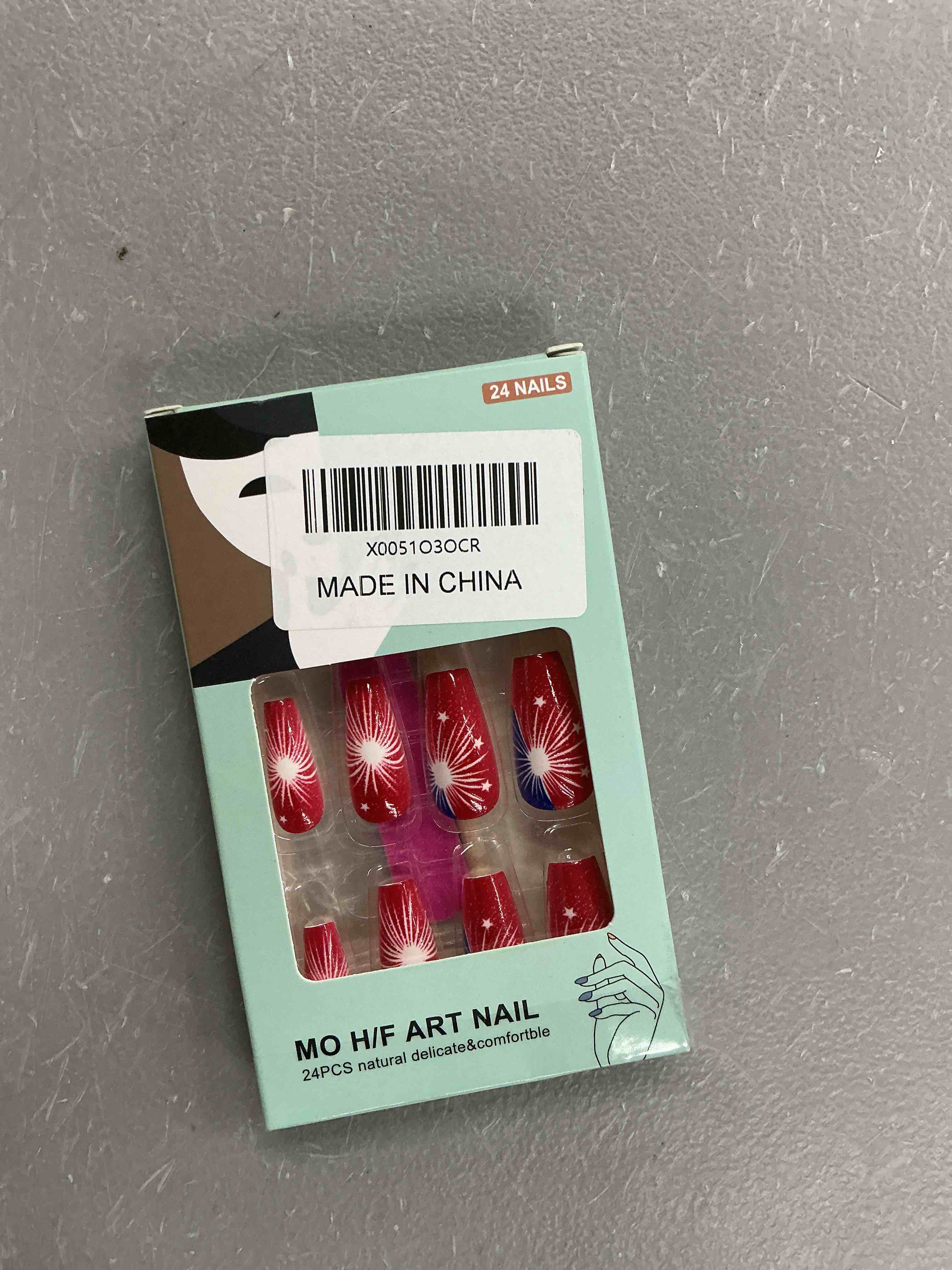 Condition photo showing New/Like New for independence day press on nails medium coffin fireworks fake nails with glue red white blue glossy acrylic nails supply blue white star stick on nails for women diy manicure decoration 24pcs