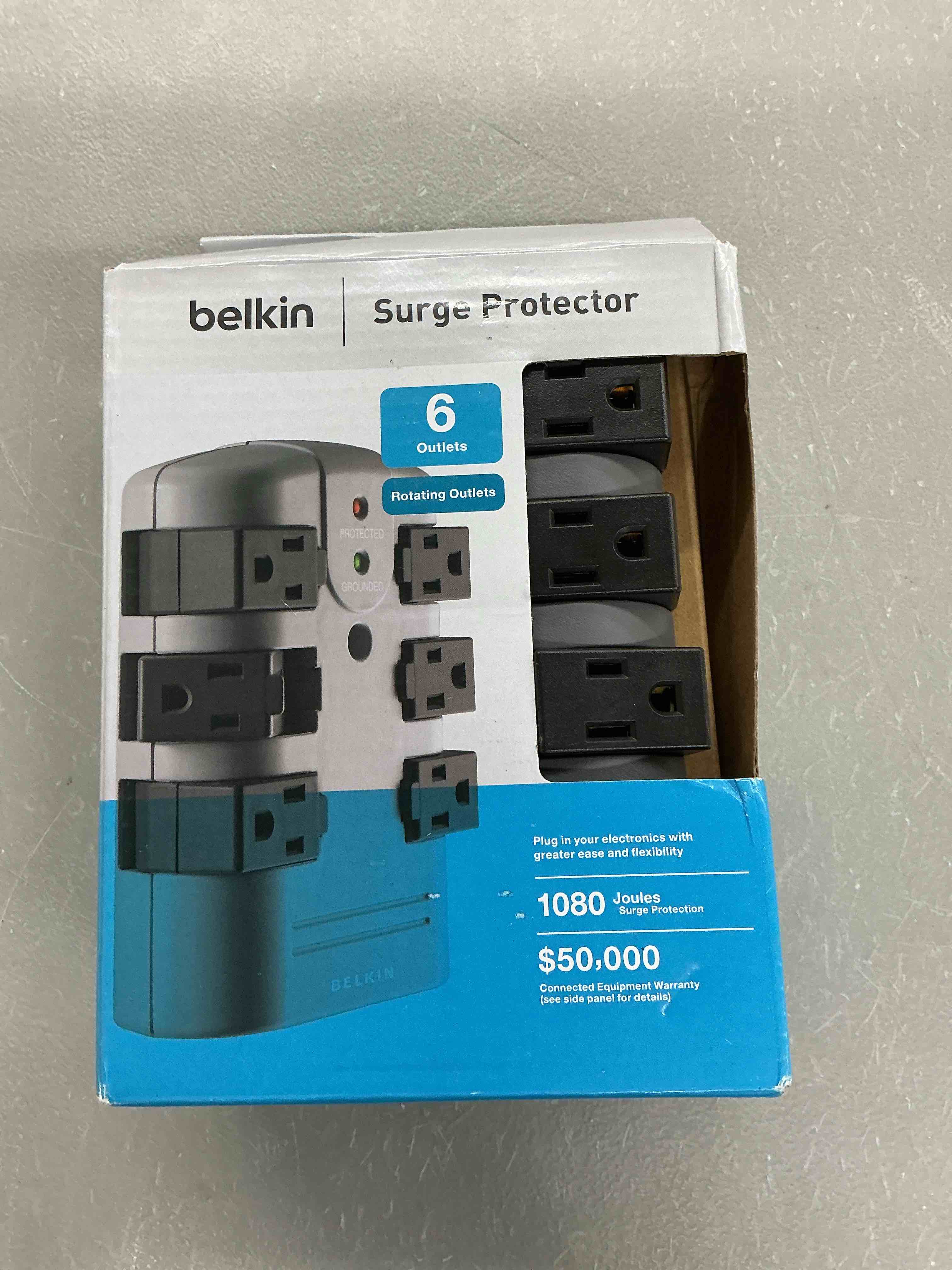 Condition photo showing New/Like New for belkin power strip surge protector - 6 rotating ac multiple outlets, flat pivot plug - heavy duty wall outlet extender for home, office, travel, computer desktop & phone charging brick (1,080 joules) 1 pack