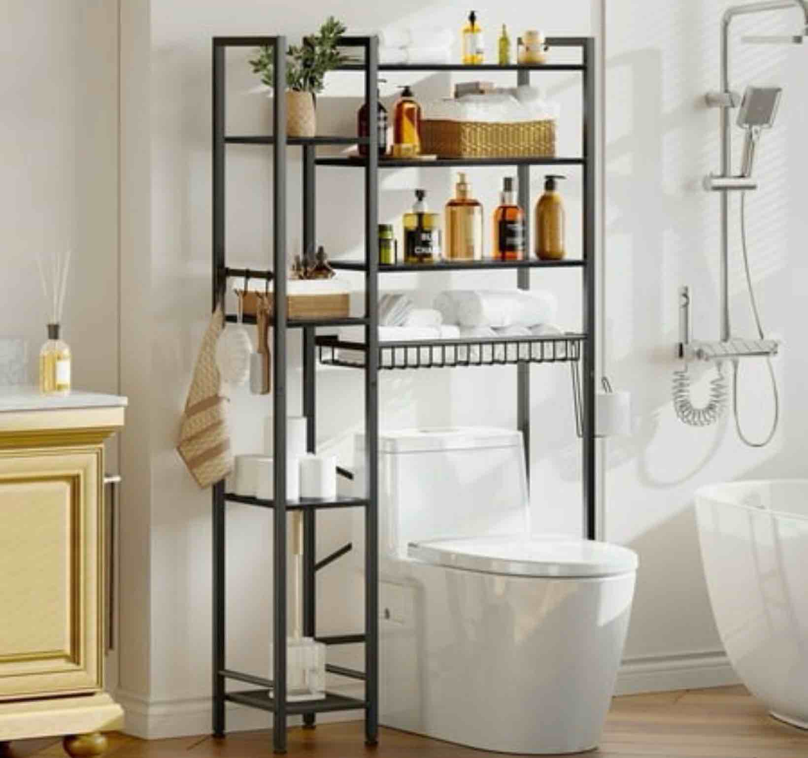 Biemlerfn 8-Tier Over the Toilet Rack Bathroom Storage Organizer with Adjustable Shelves Toilet Paper Holder & Hooks Black