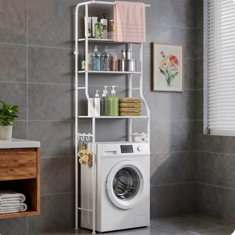 Riousery Over the Washing Machine Storage Rack, 3 Tier Laundry Shelf with Towel Bar, Freestanding Space Saver Organizer, White
