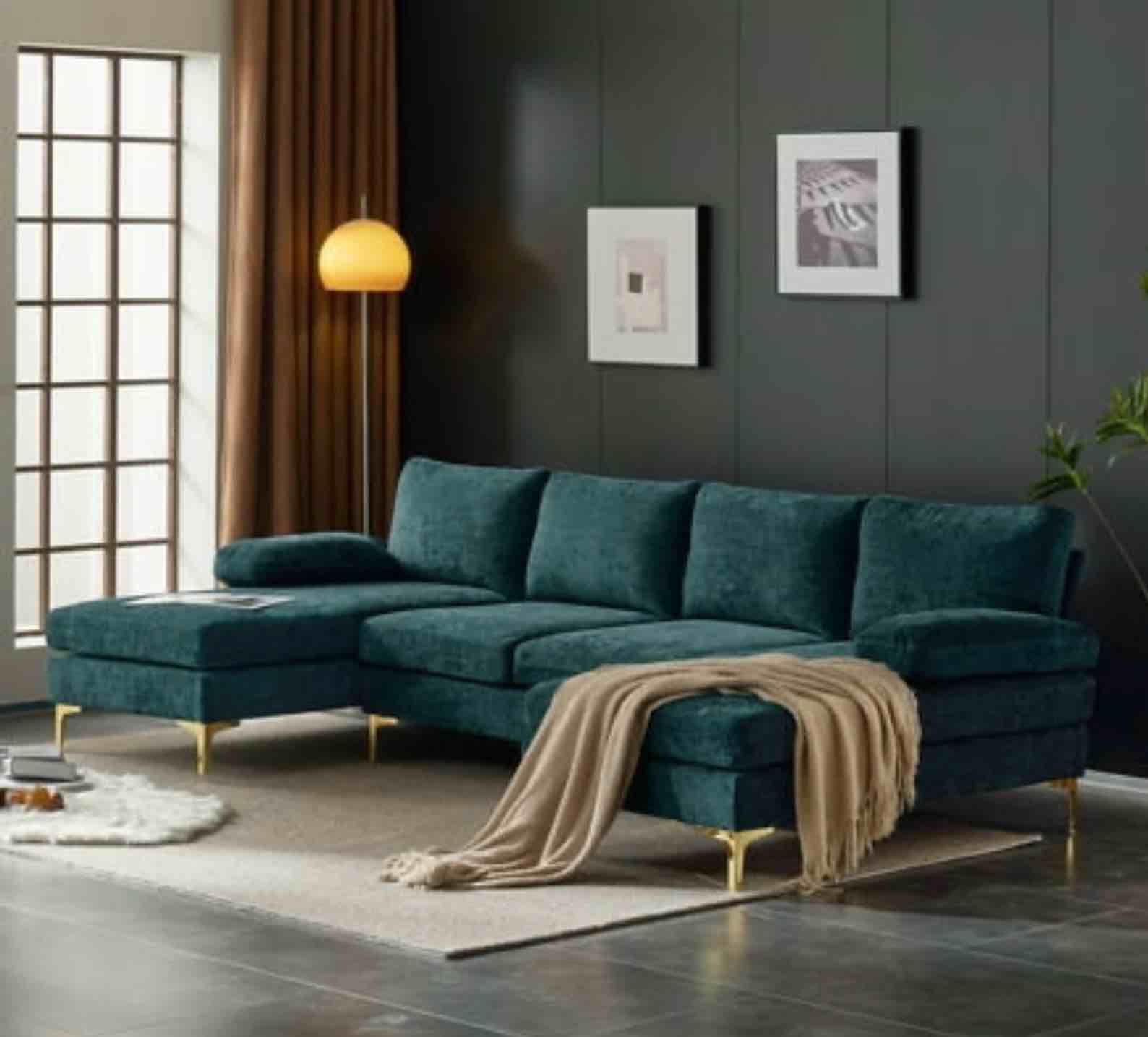 Ktaxon Modern U-Shape Sectional Sofa  110  Chenille Fabric Sectional Couch  Double Wide Chaise Lounge Couch with Metal Feet Blue-Green (incomplete - box 1 of 3 only) 