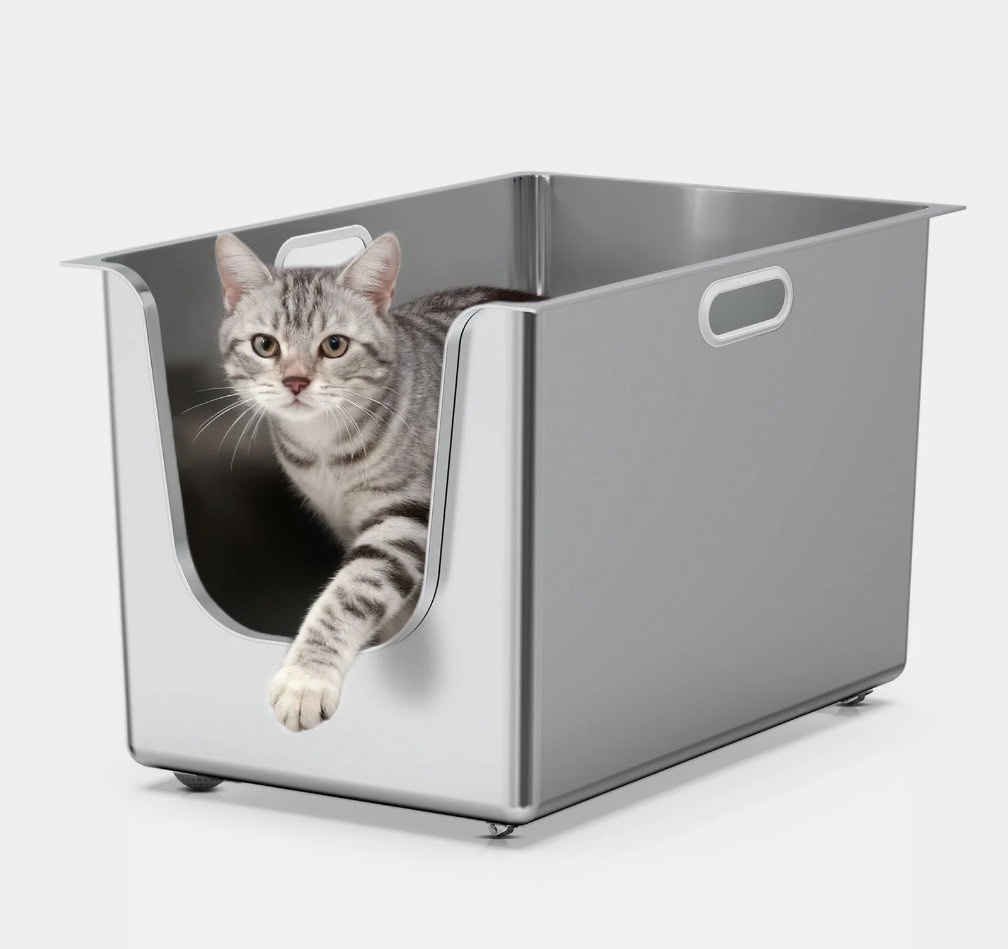 ptlom stainless steel litter box with 13.7'' high sides anti-splashing seamless metal litter box extra large low entry litter pan for big cats