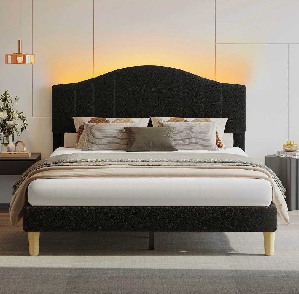 pinmoco full upholstered bed frame with adjustable arc-shaped headboard, led platform bed, teddy velvet black