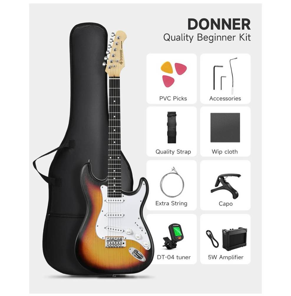 donner 39in electric guitar starter kit w/case amp tuner bag strap sunburst