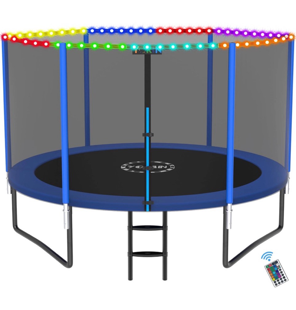 yorin trampoline for 2-3 kids, 8ft trampoline for adults with enclosure net, ladder, light, 800lbs weight capacity outdoor round recreational trampoline, heavy duty trampoline
