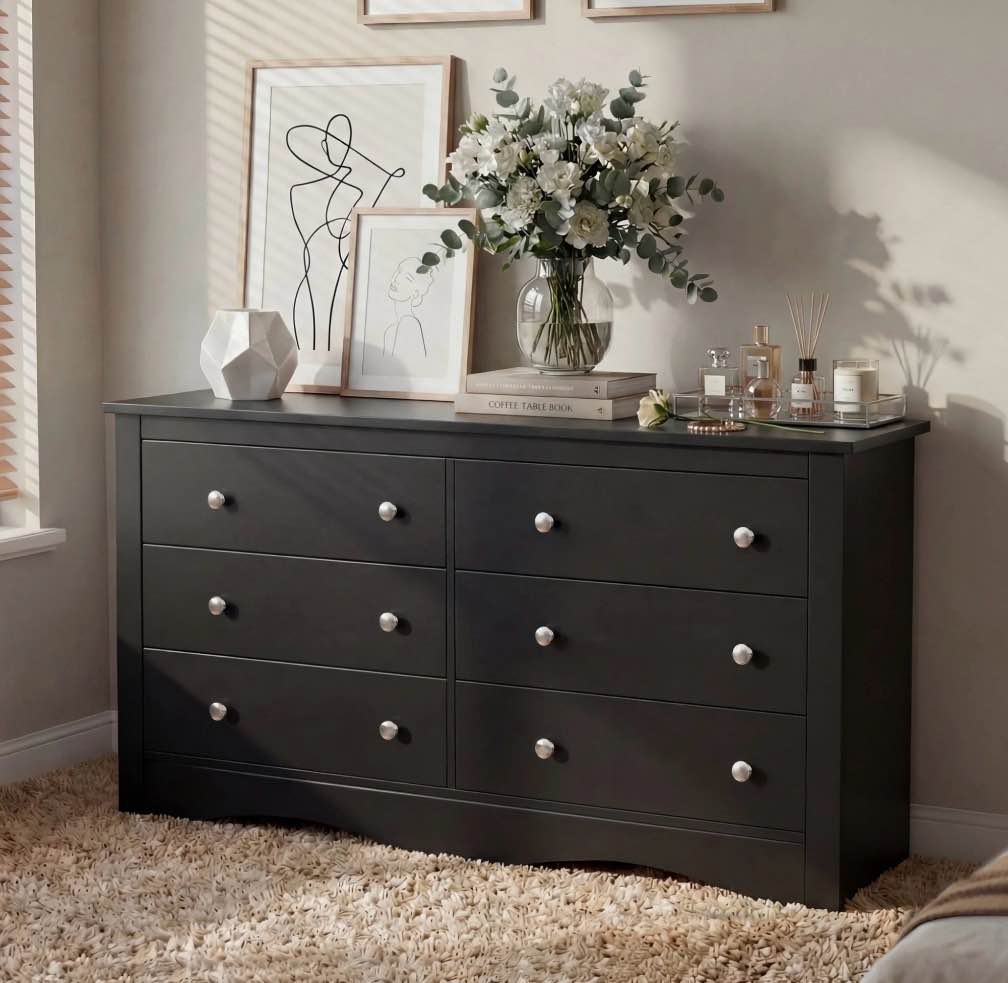 homall 52'' wide 6 drawer dresser for bedroom, modern wood chest of drawers with smooth-gliding drawers, storage organizer for bedroom living room, black