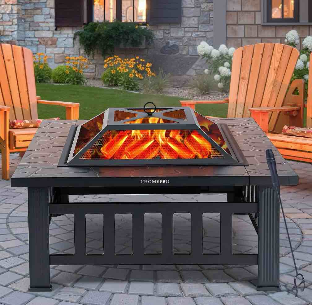 fire pits for outside, 32" wood burning fire pit tables with screen lid, poker, bbq net, ice tray, food clip and cover, backyard patio garden outdoor fire pit/ice pit/bbq fire pit, black