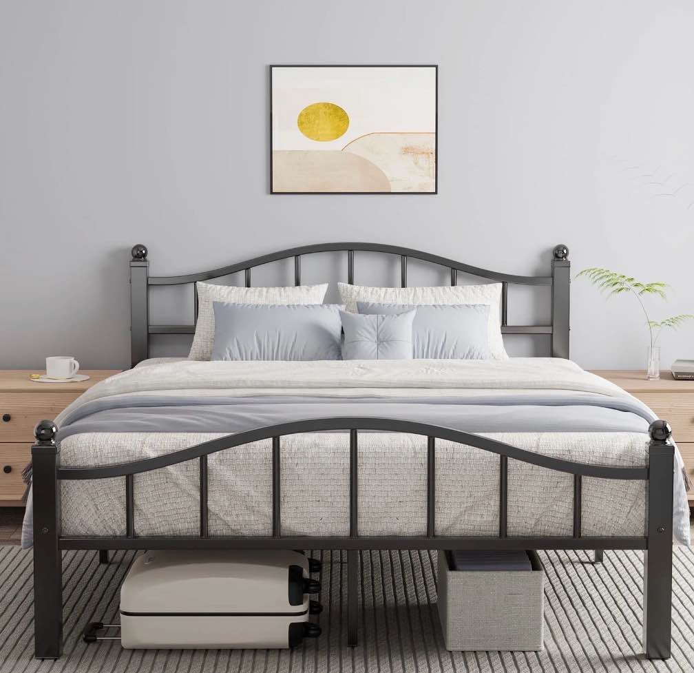 metal queen bed frame, noise-free design & underbed storage heavy duty queen size bed frames with headboard no box spring needed/tool-free assembly