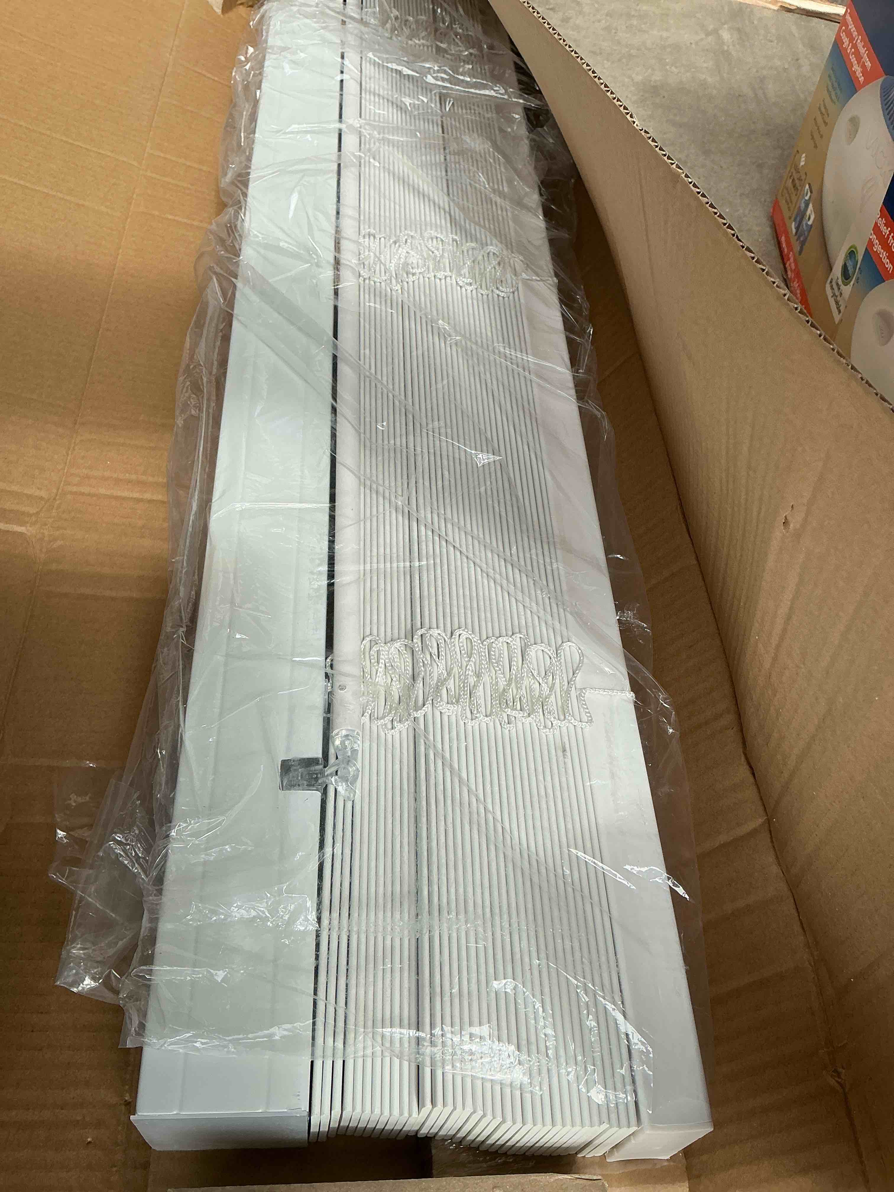 Condition photo showing Good Condition for arlo blinds faux wood blind with crown valance - 33 1/2 w x 60 h white cordless 2” slat horizontal blind - for kitchen bedroom living room doors