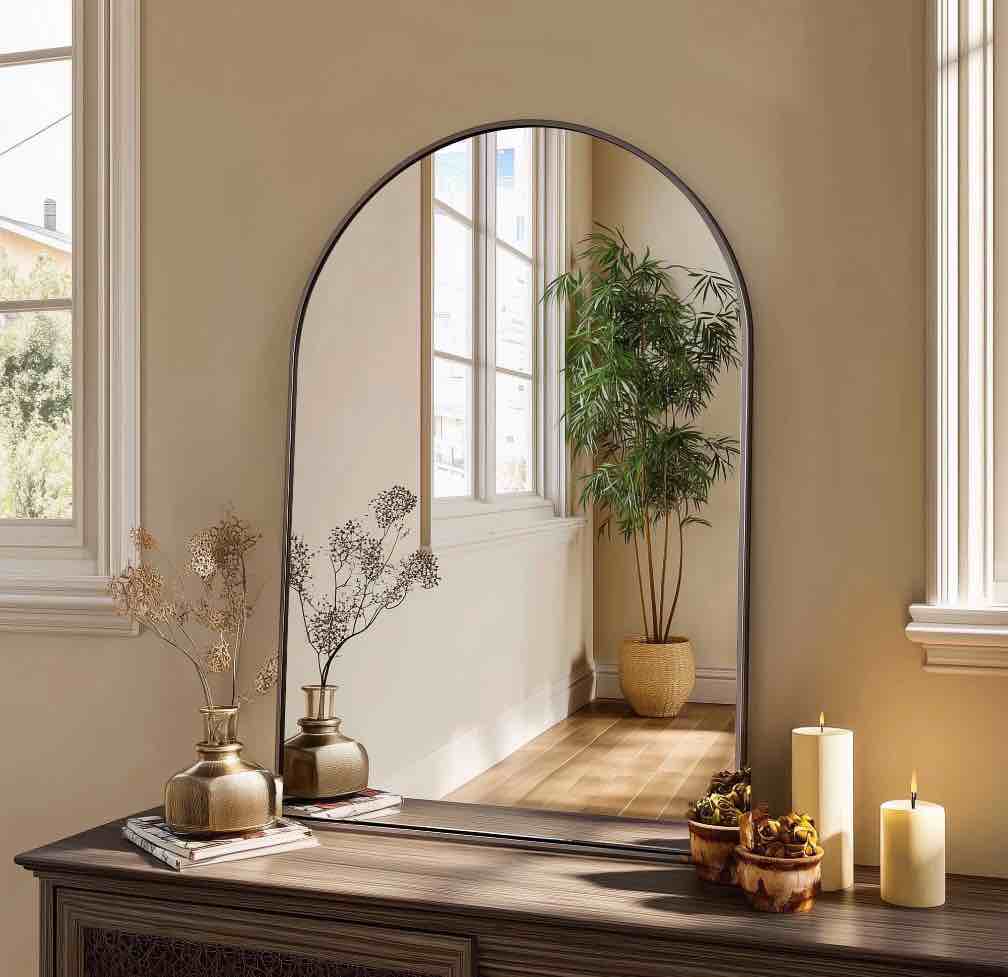 concetta 20 x30  bathroom mirror  decor arched wall mirror  bedroom vanity mirror with metal frame  black