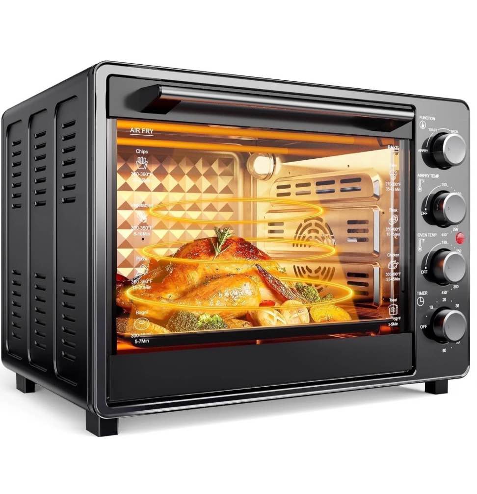 34 qt super-large  air fryer, oil-less air fryer toaster oven combo with pizza, warm, broil, toast, bake, air fry, 5  functions - black