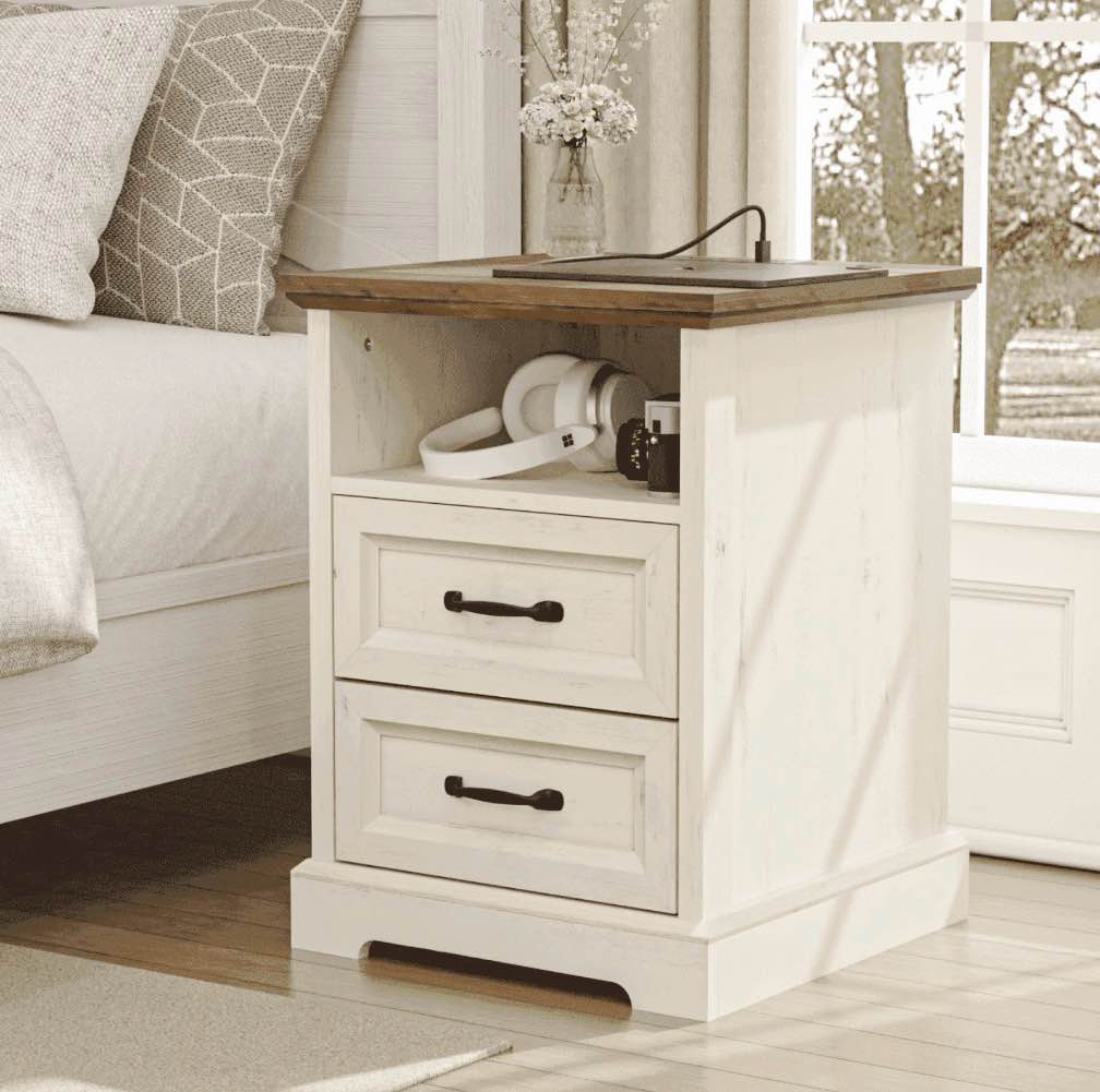 hommpa 2 drawers farmhouse nightstand with charging station, rustic bedside tbale with drawers for bedroom, vintage end table with open shelf for living room, side table, white