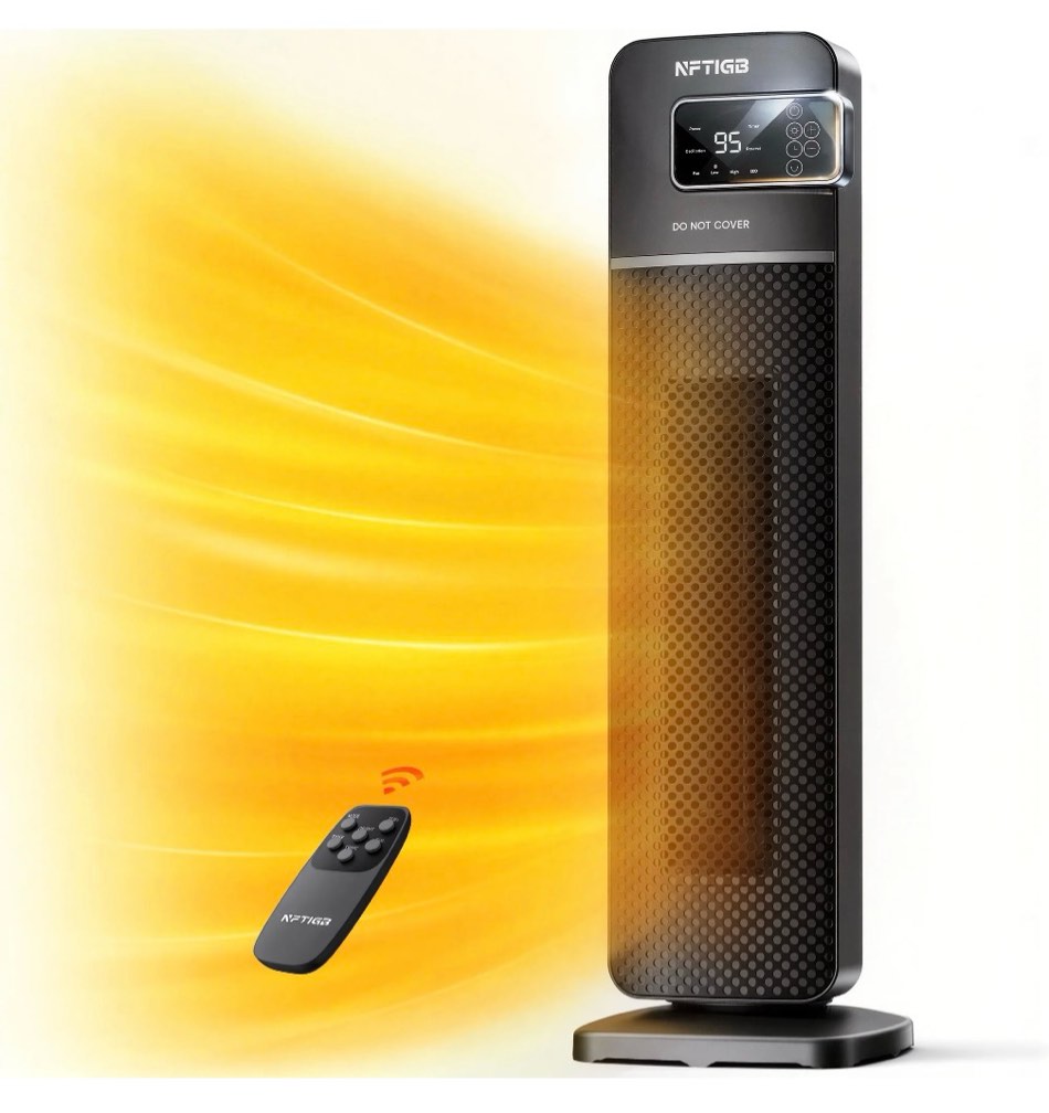 nftigb 24" tower heater, 1500w ptc ceramic electric space heater with digital thermostat, remote, 70° oscillation, eco mode and safety tip-over protection, gray