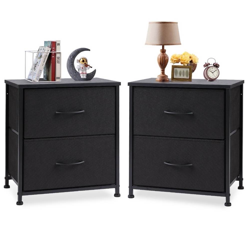edx nightstand set of 2, end table side table with 2 fabric drawers bedside table for bedroom, closet, dorm black