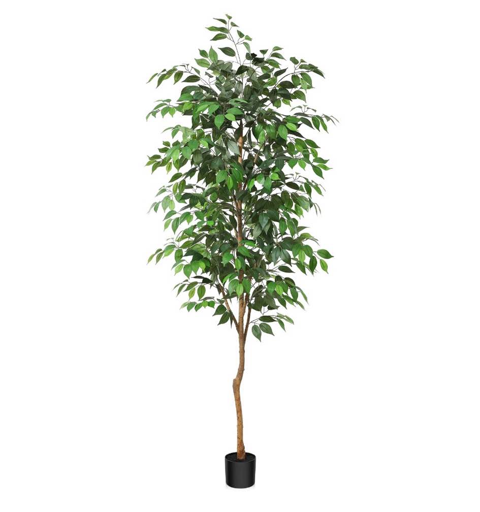 7ft artificial ficus tree with natural wood trunk and lifelike leaves, silk fake potted tree with wood branches, faux tree for office home decor