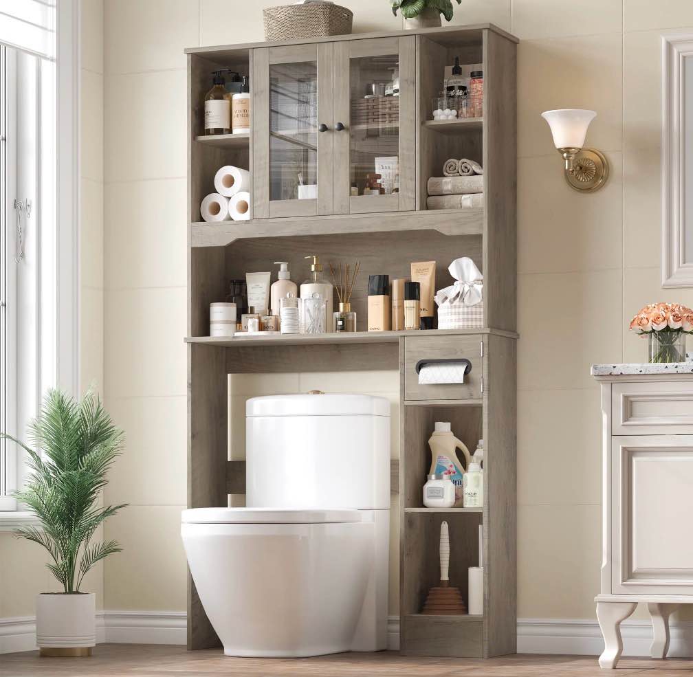 homfa over the toilet storage cabinet with toilet paper holder stand, above toilet organizer with glass doors, behind toilet shelf for restroom, bathroom, laundry, wash gray