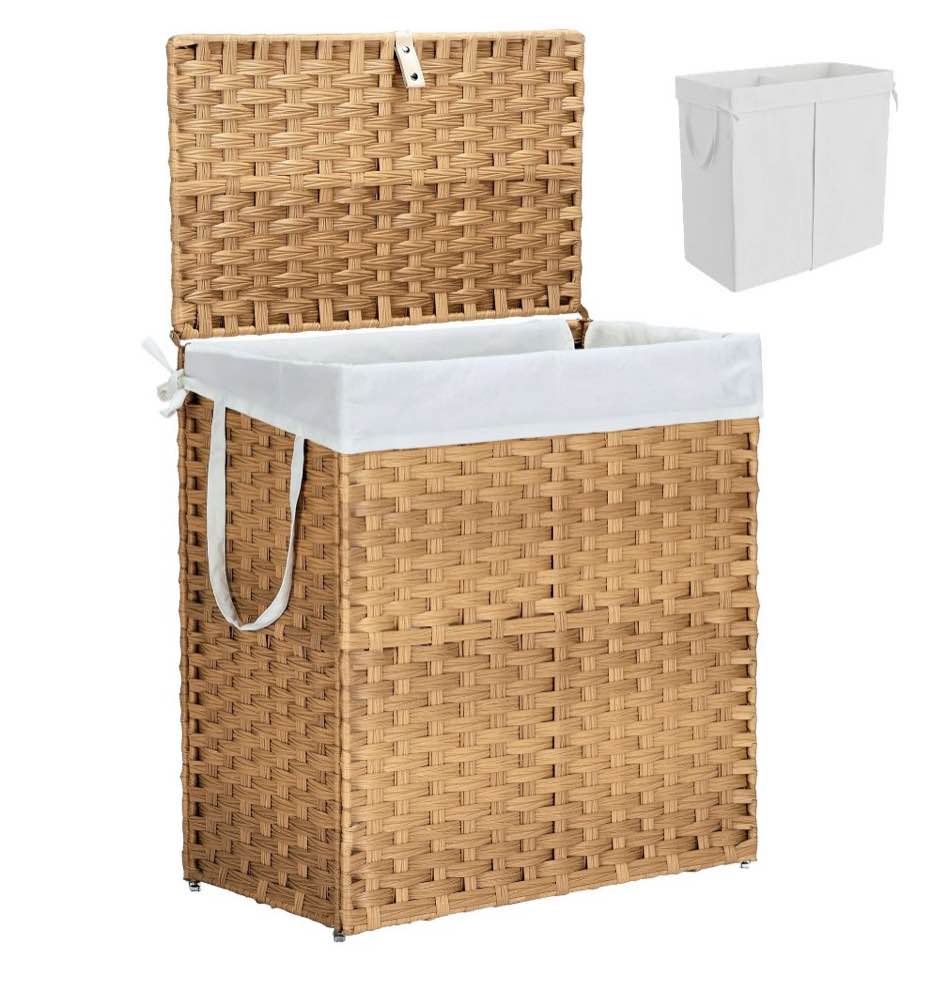 edx laundry basket with lid, 110 l hand-woven pp rattan laundry basket with compartments & handles, foldable, removable liner, natural