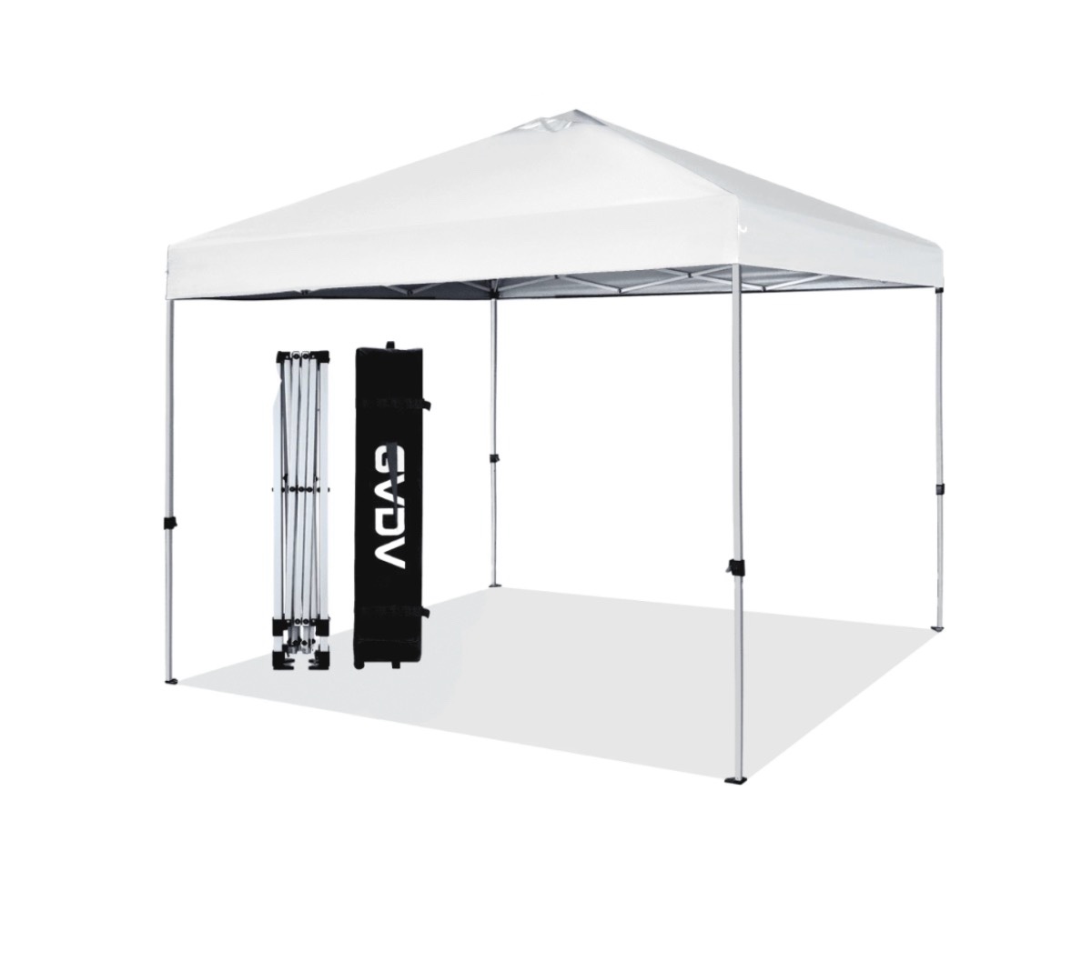 gvdv 10x10 pop up canopy tent with wheeled bag 4 stakes 4 ropes 100sqft of shade forest white