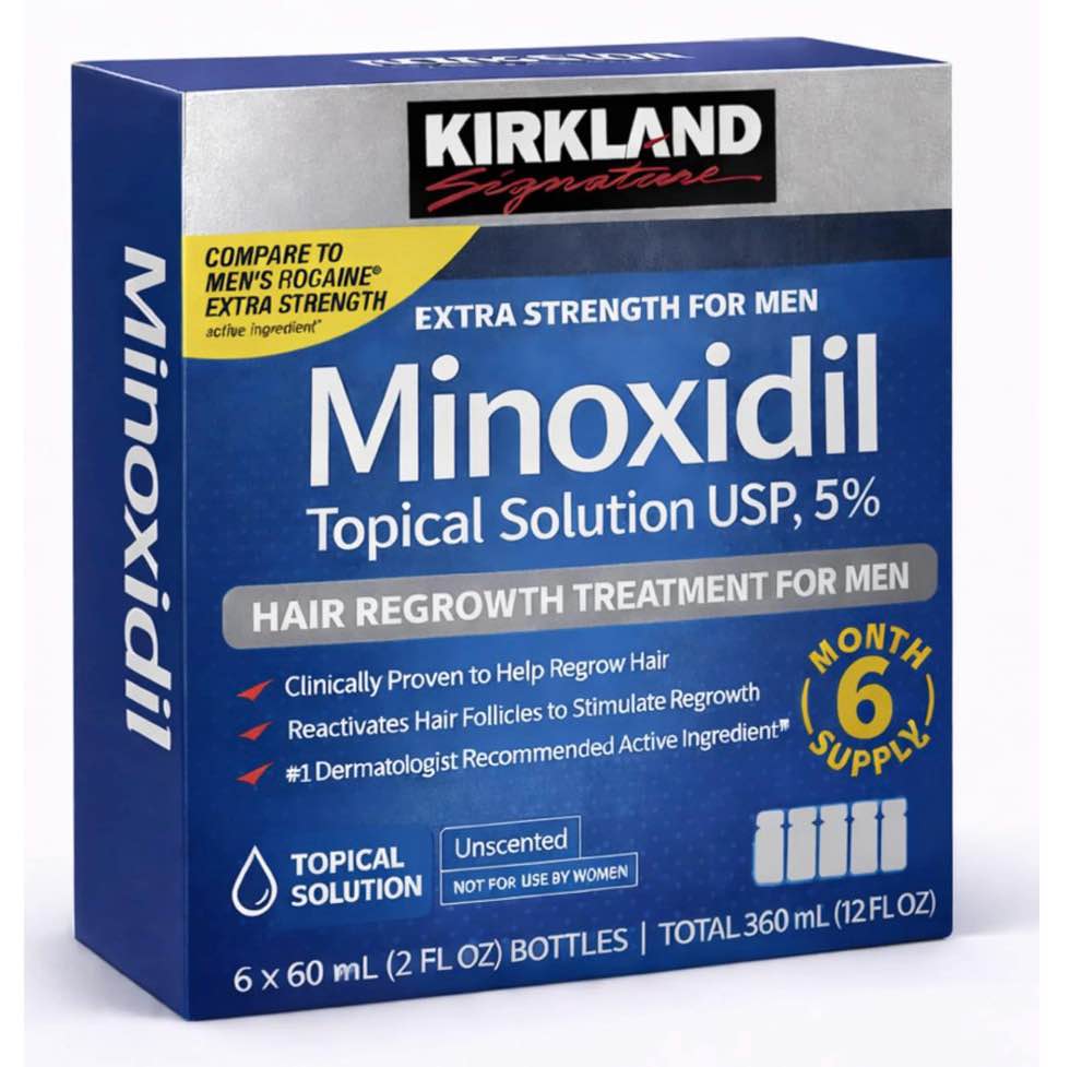 kirkland signature - 5% minoxidil for men hair regrowth treatment topical solution - 6 month supply (( exp- 2027-jun ))