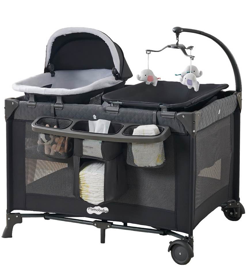 pamo babe 4-in-1 baby playard with bassinet & changing table for newborn,grey