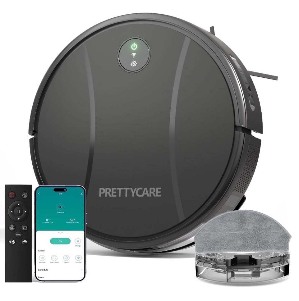 prettycare c2-v2 robot vacuum and mop combo cleaner 3-in-1, 3000pa suction, 5200mah battery, black