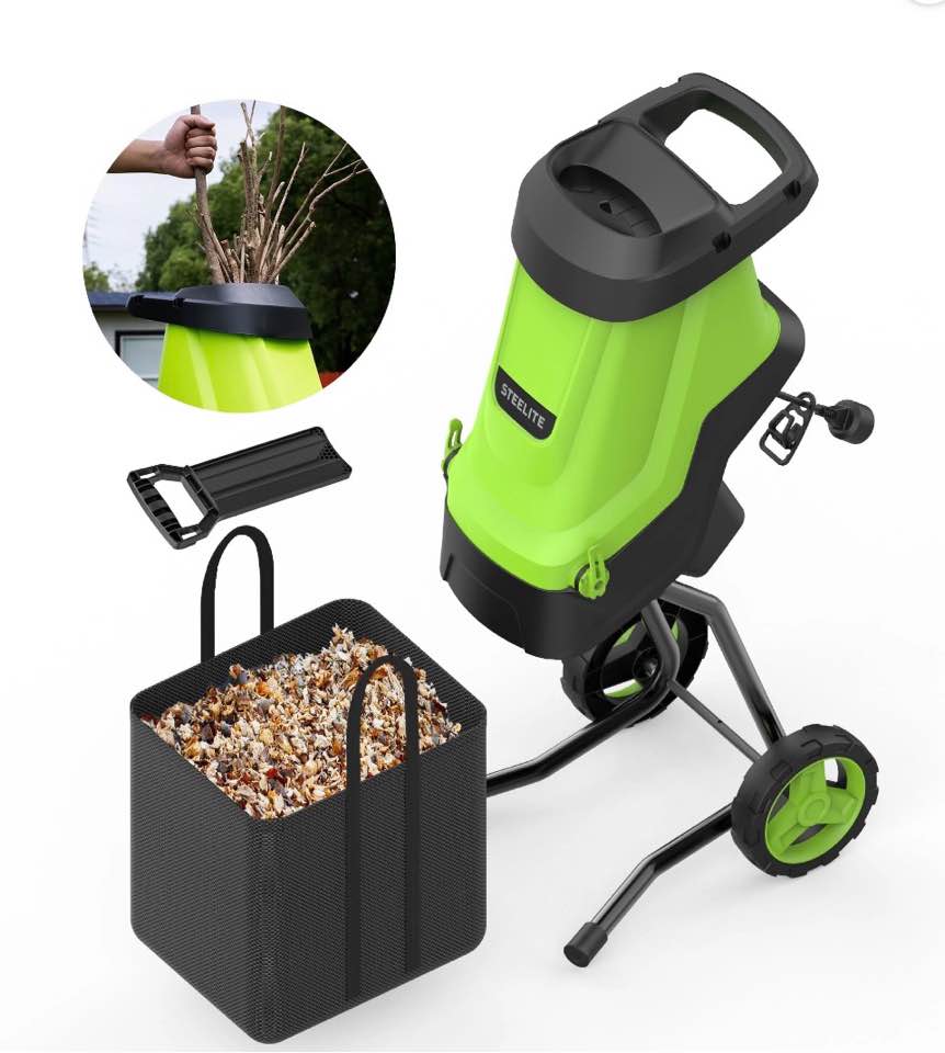 steelite electric wood chipper shredder,15-amp corded leaf mulcher with 45l collection bag, 1.75 inch cutting diameter,wood chippers, shredders, & mulchers