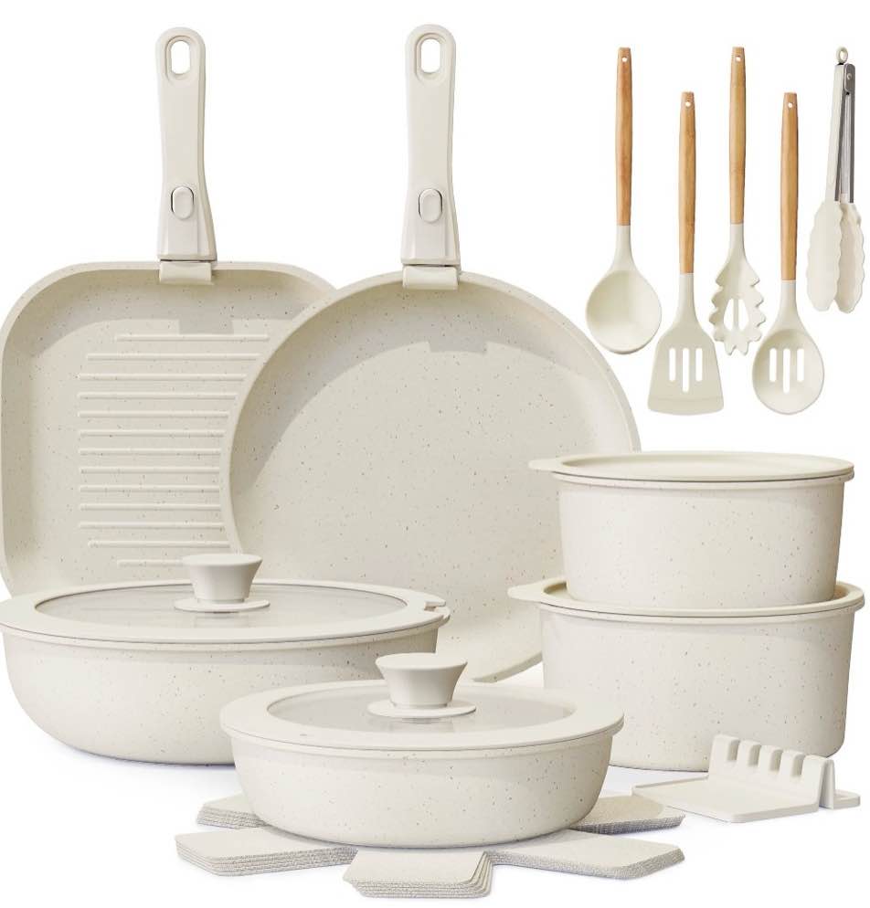 astercook 22 piece pots and pans set non stick, cookware set with detachable handles, oven safe, induction ready, stackable rv kitchen cooking set, cream white