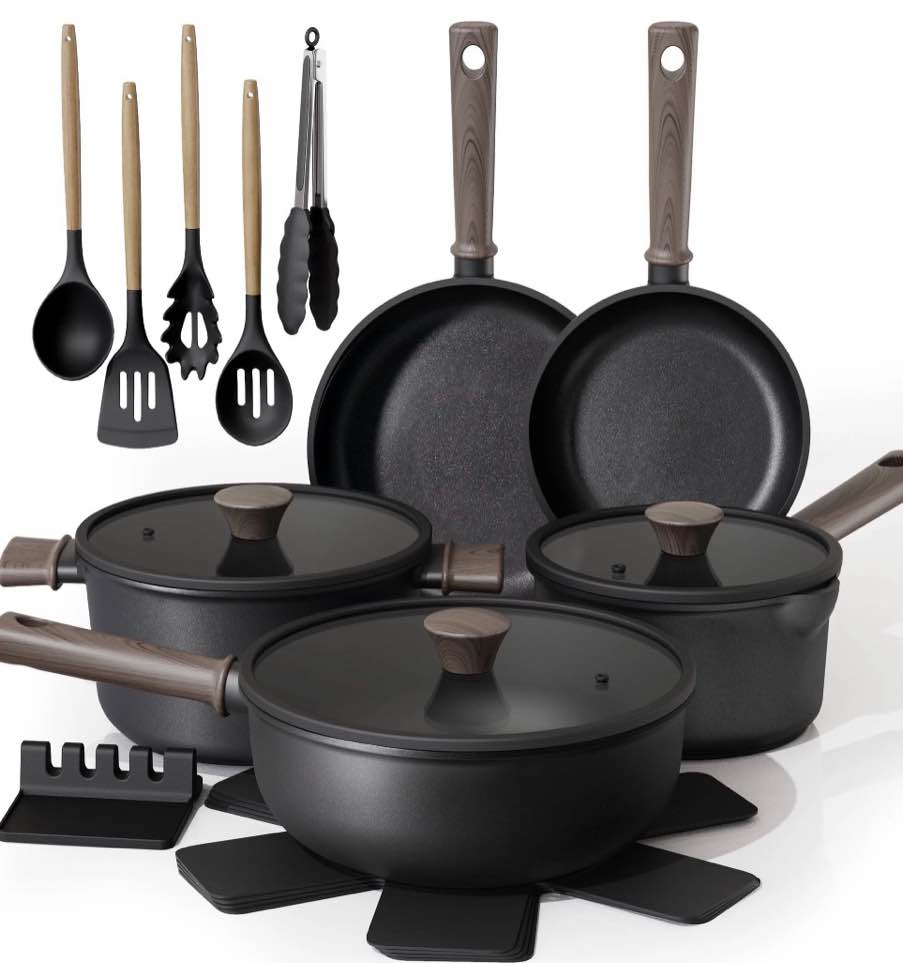 astercook 18-piece pots and pans set, black titanium induction nonstick cookware set, oven safe to 480°f, induction compatible & dishwasher safe, kitchen cooking set for rv trips, camping and picnic