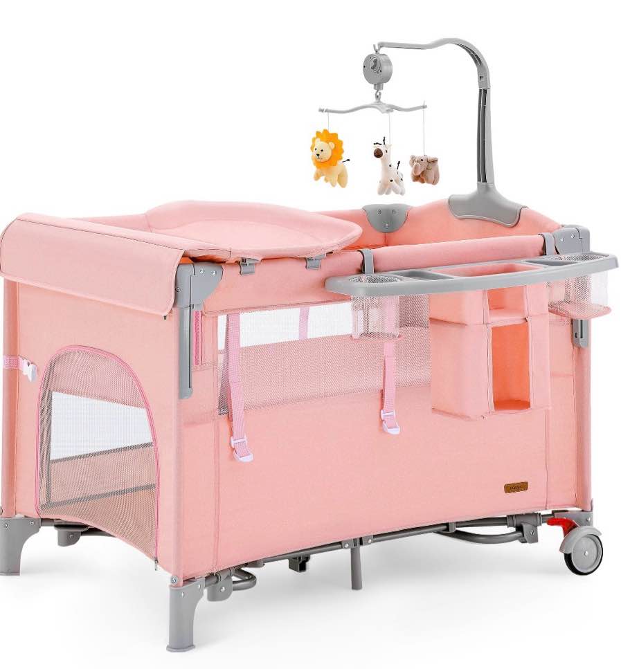 harppa 5 in 1 baby playard with bassinet & changing table for newborn, pink
