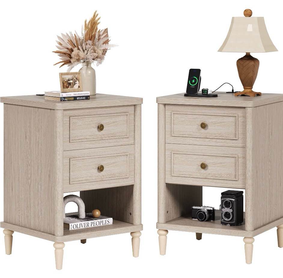 bestier farmhouse nightstand with charging station, set of 2 wood bedside table with 2 drawers , sofa side end table night stand for living room, bedroom, home office,  light oak