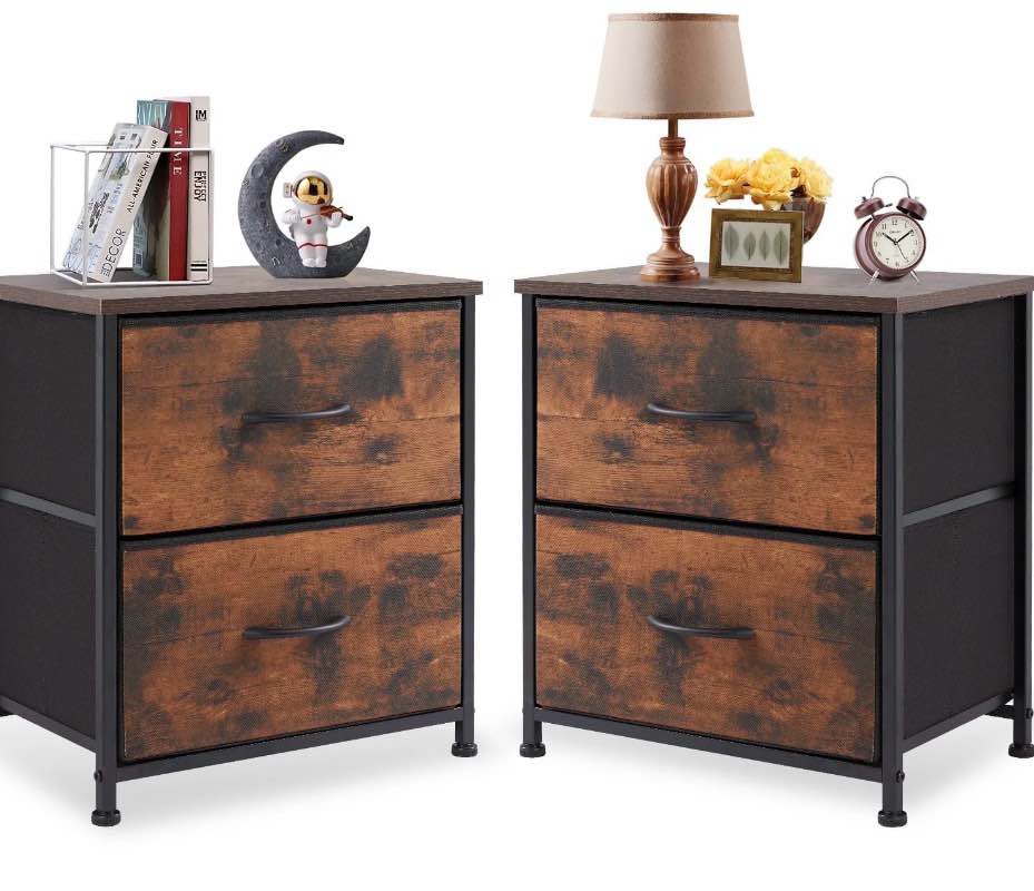 edx nightstand set of 2, end table side table with 2 fabric drawers bedside table for bedroom, closet, dorm, rustic brown