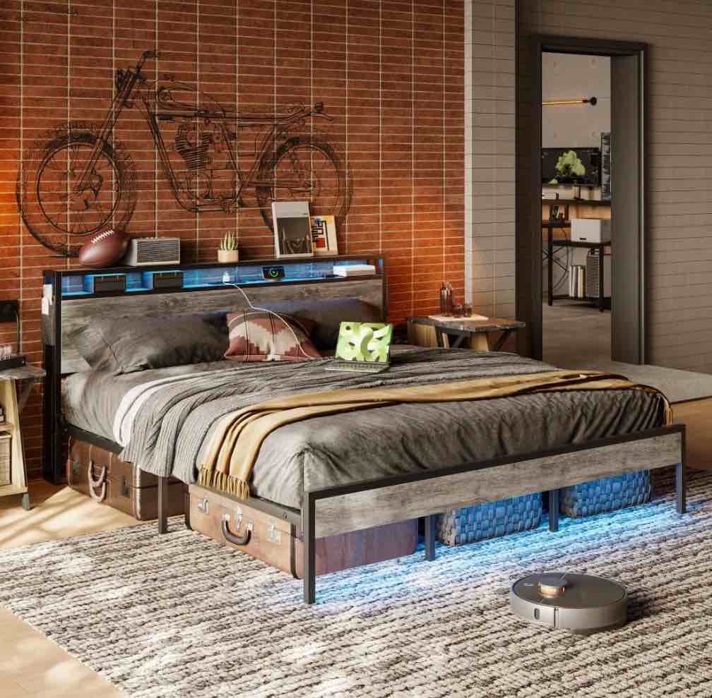bestier full size bed frame with charging station and 2 usb ports and outlets,led light storage headboard,noise free design, grey