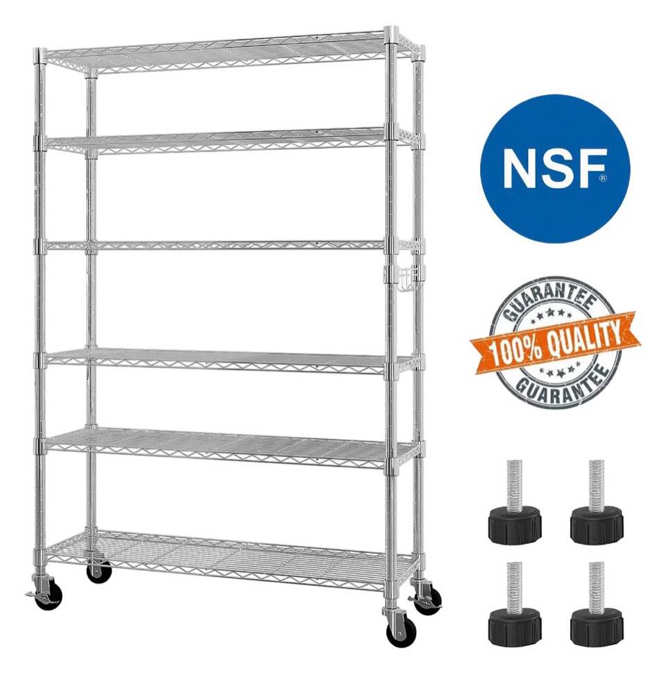 ktaxon 6 tier wire shelving with wheels 2400lbs capacity,  heavy duty storage rack for home garage, 46"w x 18"d x 82"h adjustable shelves, silver