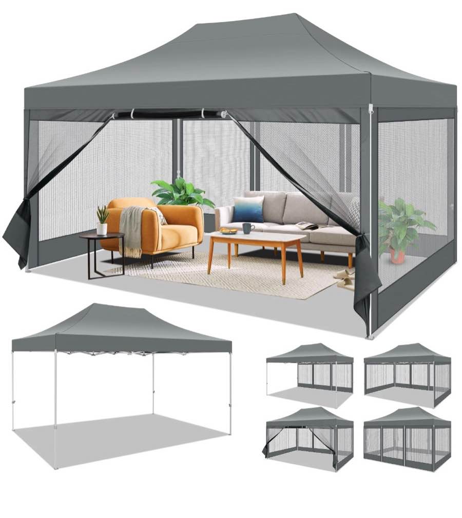 cobizi 10x15 heavy duty pop up canopy with mosquito net instant outdoor shelter large canopy tent for outside gazebo with mesh sidewalls for party backyard camping gray