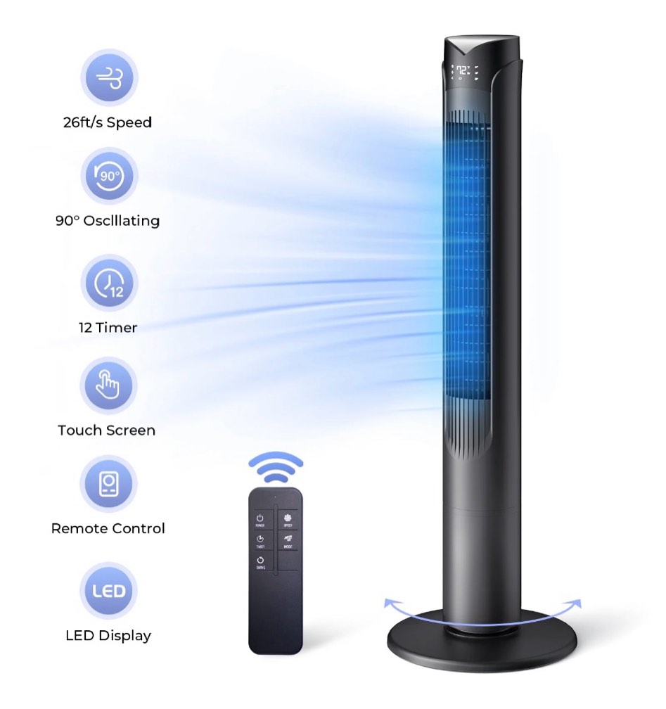 41 tower fan with remote 90° oscillating fans with 3 speeds 3 modes 26 ft/s high velocity led display 12h timer for home living room office