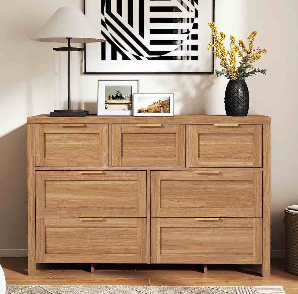 arkantos wooden 7 drawer double dressers, wide chests of drawers for bedroom, natural oak