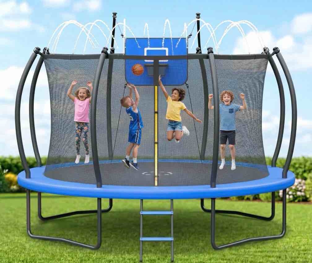 outdoor trampoline,fashionsport outfitters 14ftround jumping trampoline with ladder,sprinkler,basketball hoop board,recreational backyard trampolines anti-rust for kids gift