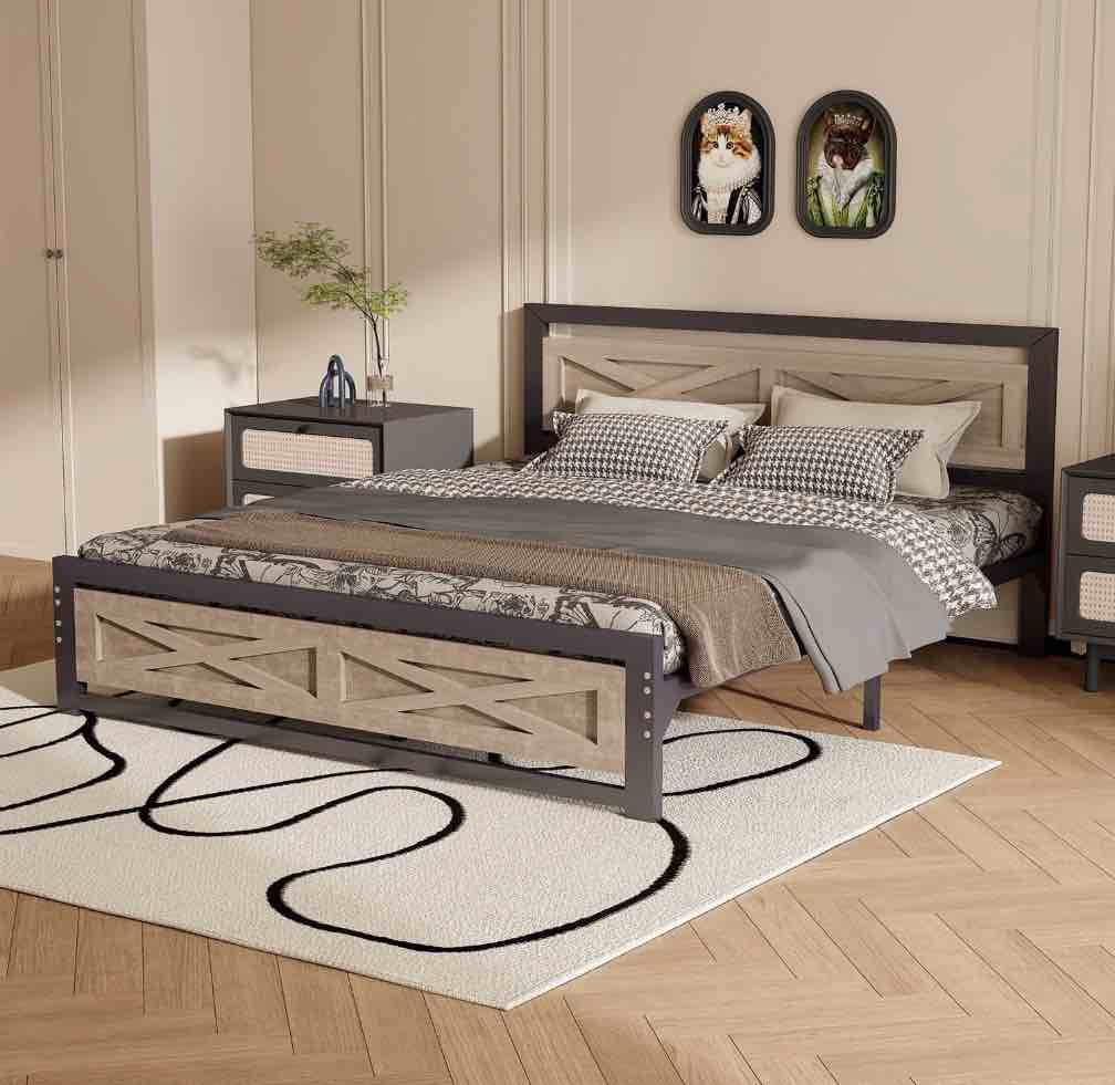 behost full size bed frame, farmhouse wood metal platform full bed frame with headboard and 11" underbed storage