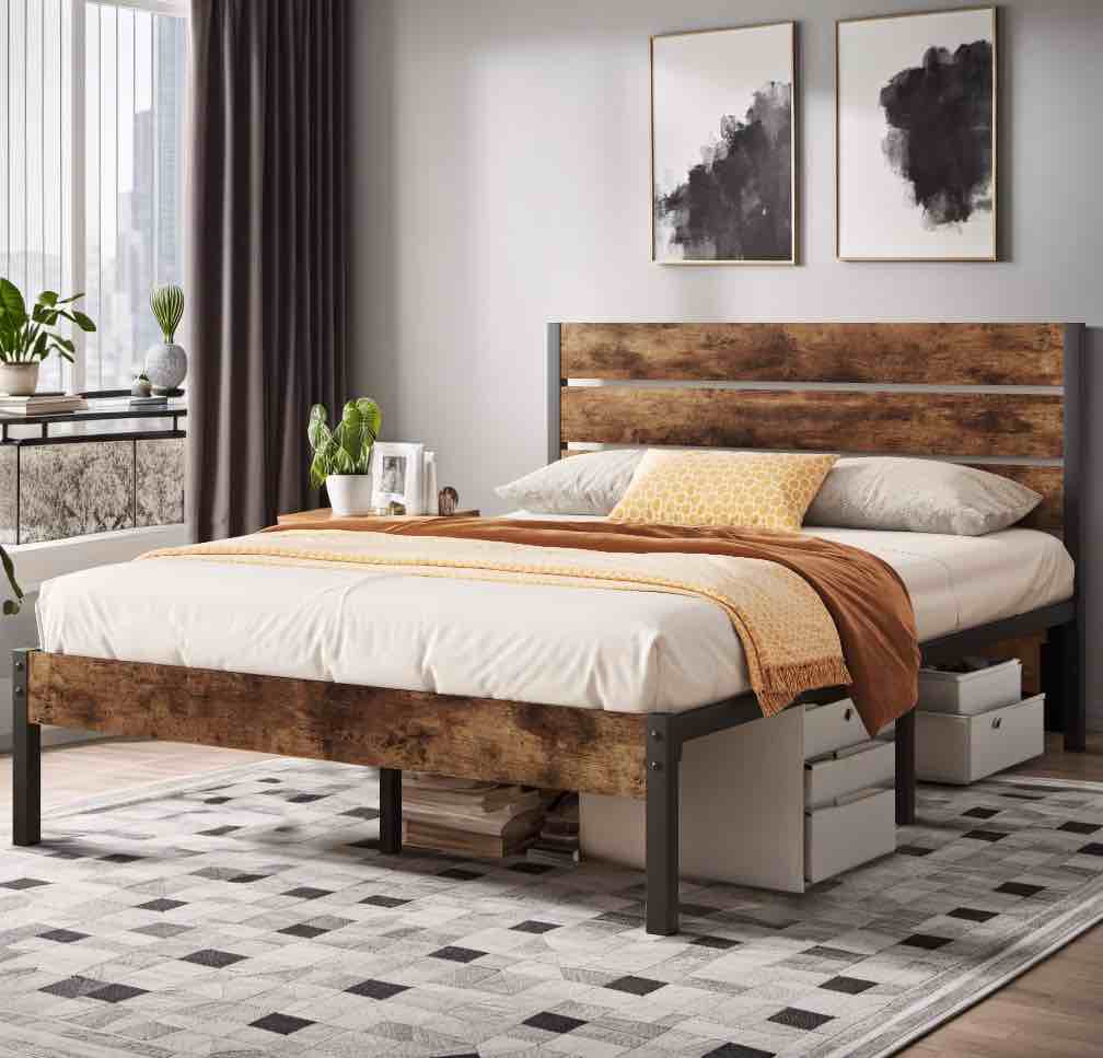 lifezone queen bed frame with rustic vintage wood headboard and footboard,metal support,rustic brown