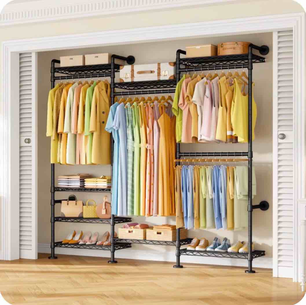 m6 clothes rack,heavy duty freestanding garment rack closet organizer for walk-in closets – wall-mounted multi-level storage for clothes, 68.5" w x 11.8" d x 86.6" h, black