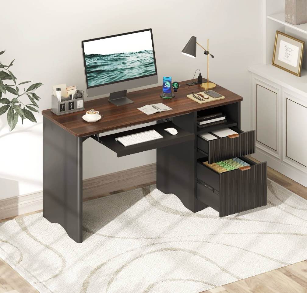bestier 55" home office desk with power outlet & keyboard tray built-in usb ports, file drawer, cable management modern computer desk for study, g