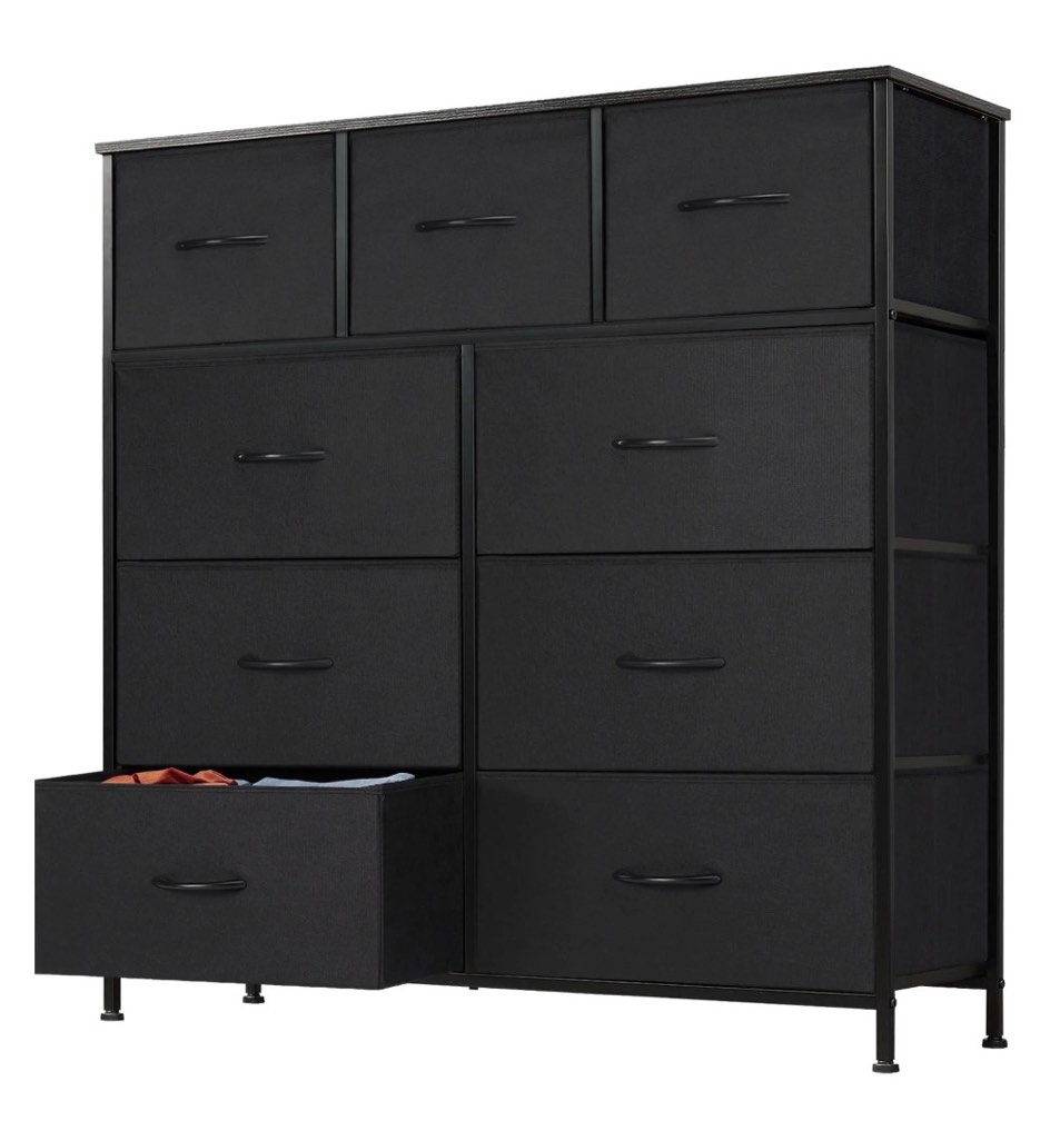 edx 9 drawer dresser, wide chest of drawers nightstand storage tower storage fabric dresser with wood top for living room, bedroom, hallway,black