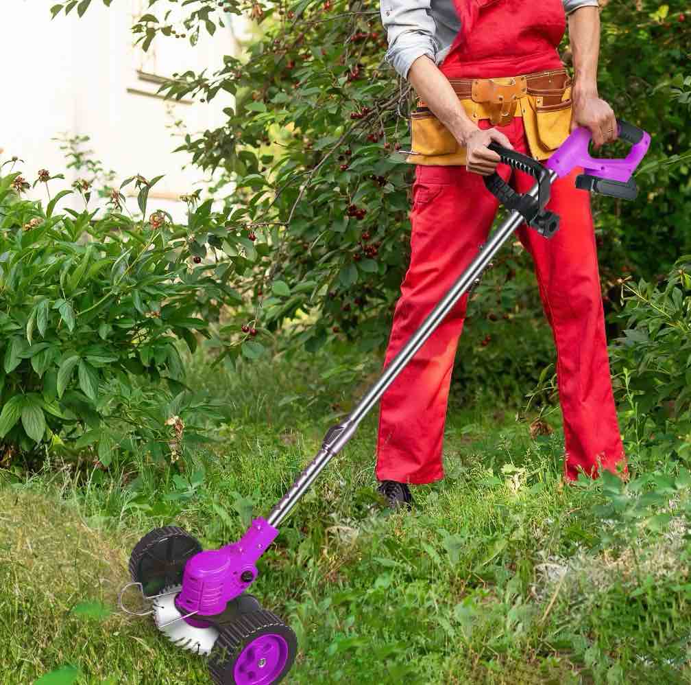 the latest small portable cordless electric lawn mower/lawn cutter with 2 high-capacity lithium batteries and 3 types of blades, many gifts, multi-function weed cutter for yard and garden(purple)